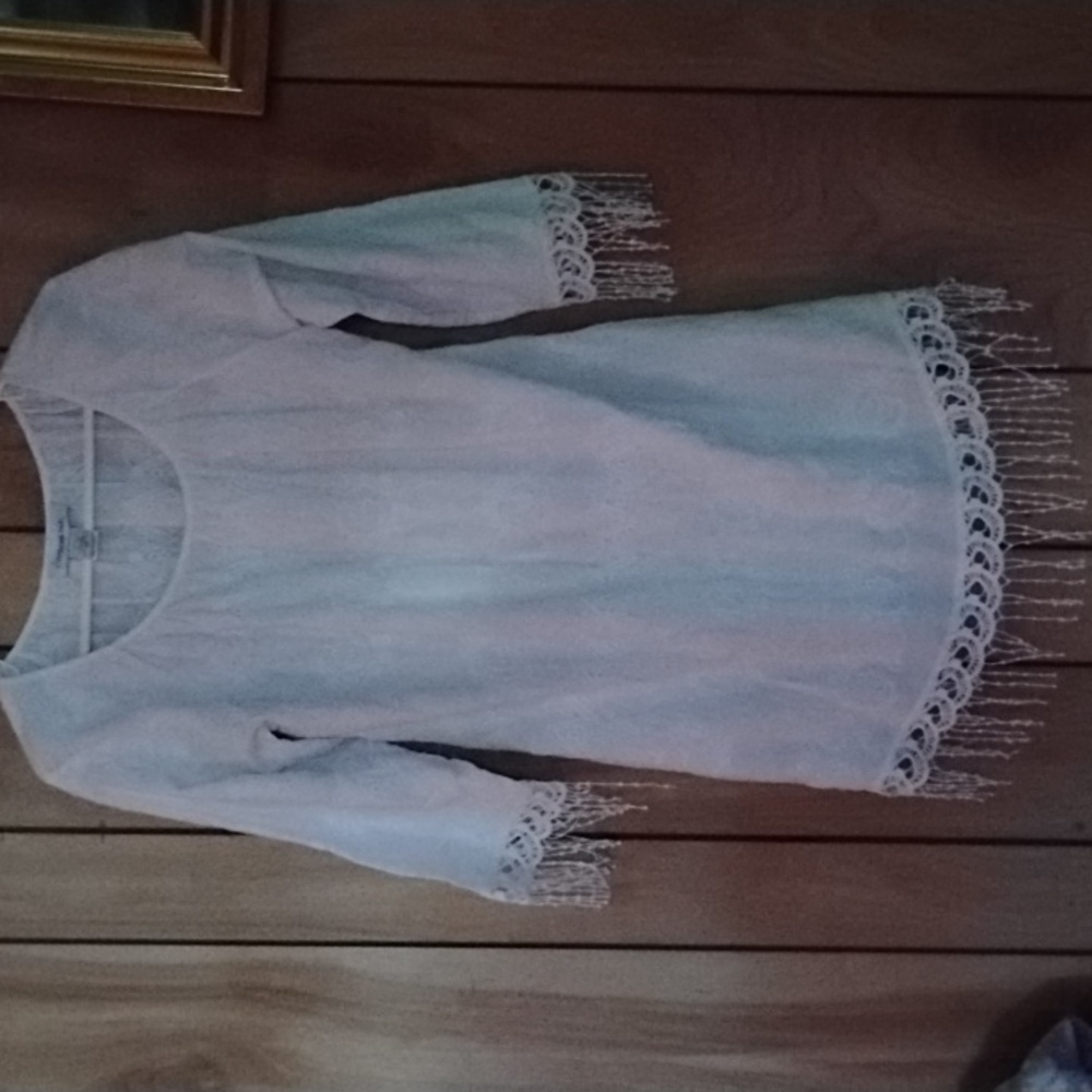 Cypress Blu eyelet-crochet and fringe detail trim embossed design Tunic